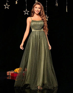 Vestido Verde Exército Longo Lantejoula De Prata