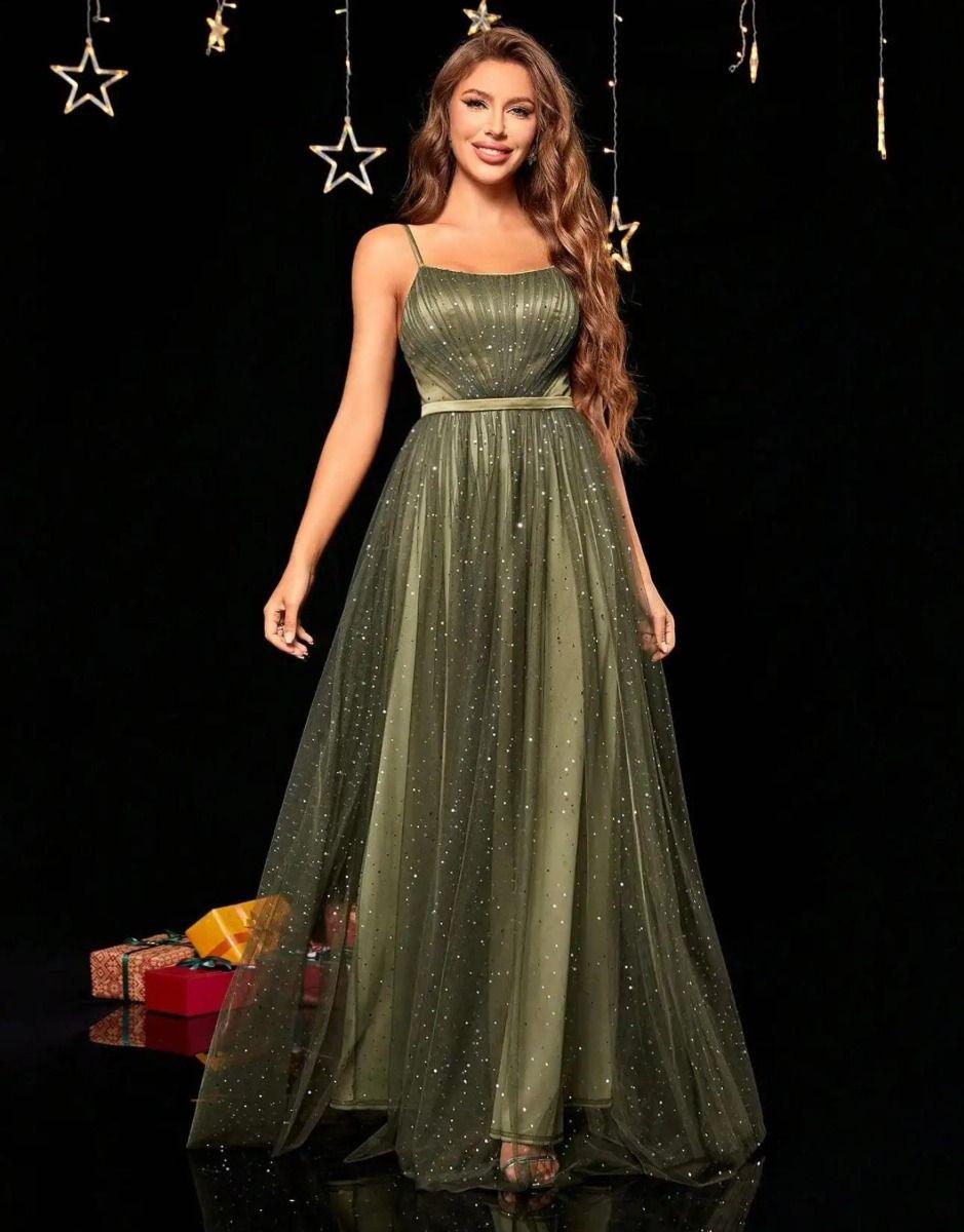 Vestido Verde Exército Longo Lantejoula De Prata