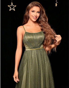 Vestido Verde Exército Longo Lantejoula De Prata