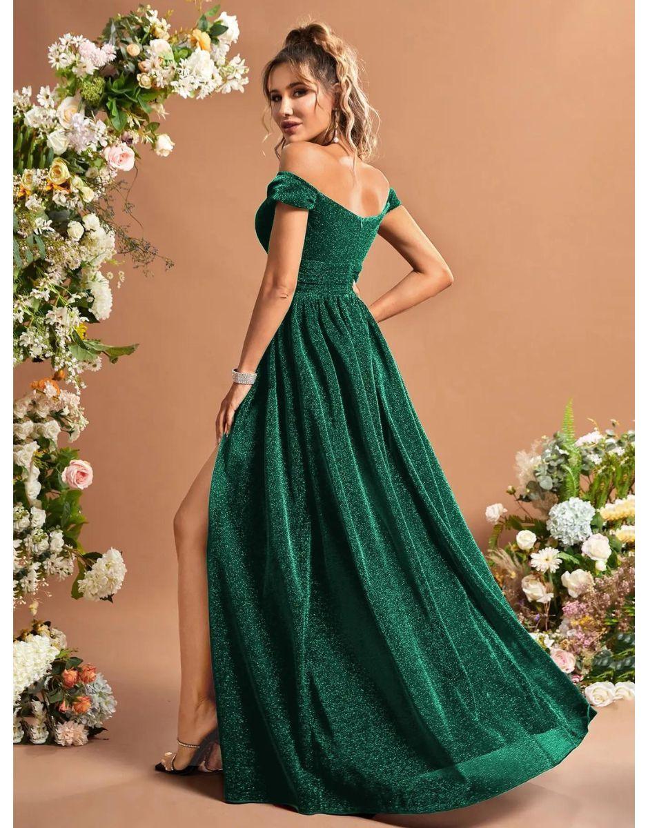 Vestido Verde Longo De Glitter Fora Do Ombro