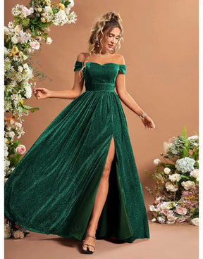 Vestido Verde Longo De Glitter Fora Do Ombro