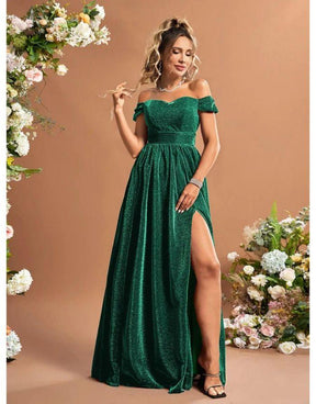 Vestido Verde Longo De Glitter Fora Do Ombro