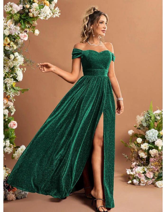 Vestido Verde Longo De Glitter Fora Do Ombro