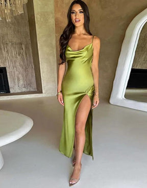 Vestido Verde Maxi Cetim Fenda