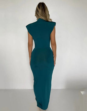 Vestido Verde Menta Midi Plissado Decote em V Profundo