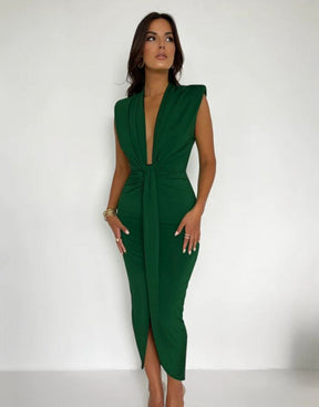 Vestido Verde Midi Plissado Decote em V Profundo
