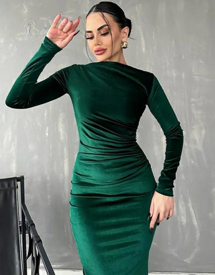 Vestido Verde Midi Veludo Decote em O