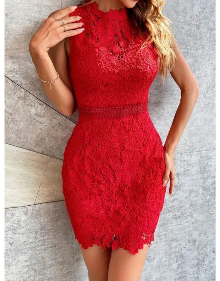 Vestido Vermelho Justo De Renda