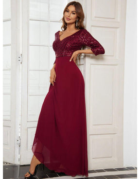 Vestido Vinho Borgonha Longo Decote em V Chiffon Contraste Lantejoula