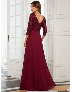 Vestido Vinho Borgonha Longo Decote em V Chiffon Contraste Lantejoula