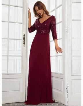 Vestido Vinho Borgonha Longo Decote em V Chiffon Contraste Lantejoula