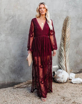 Vestido Vinho Longo de Renda Decote em V